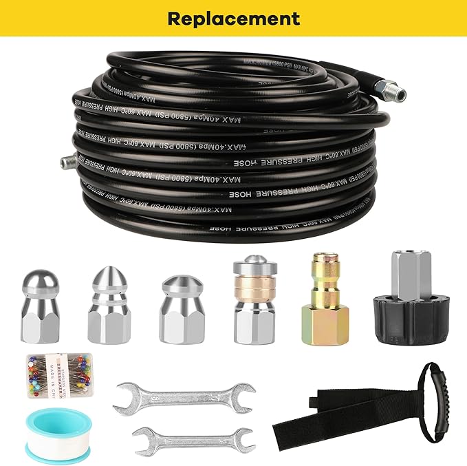 Pressure Washer Drain Jetter – Sewer Jetter Kit for Pressure Washer 100ft 1/4 Inch NPT Hose Nozzles and Adapter 5800PSI Clears Clogs in Pipes & Sewer Lines