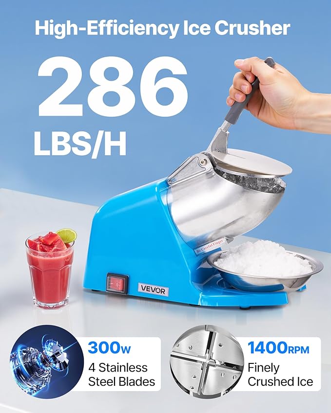 VEVOR Ice Crusher Machine, 286lbs Per Hour Electric 4 Blades Snow Cone Maker, Stainless Steel Shaved Ice Machine with Bowl and Cover, 300W 2000RPM Ice-Shaver for Home and Commercial Use, Blue