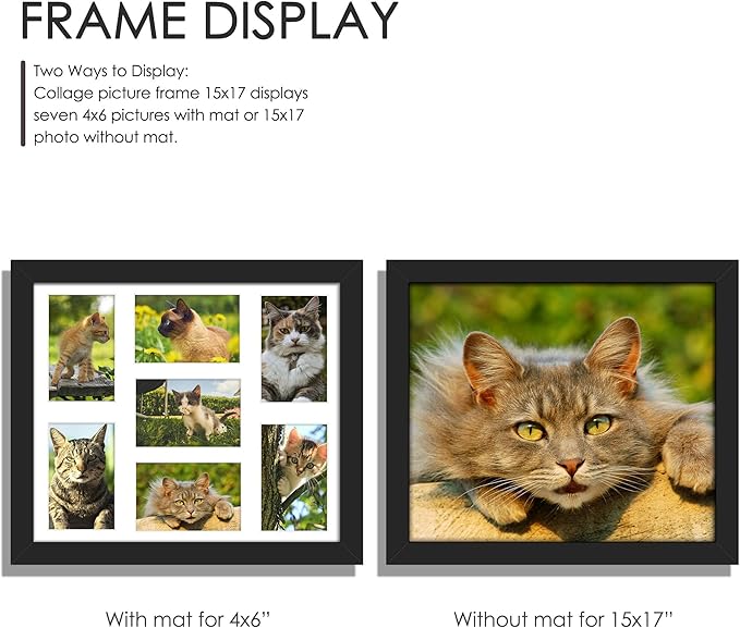 15x17 Collage Picture Frame 4x6 Collage Picture Frame Displays Seven 4x6 inch Photos or 15x17 (Without Mat) for Available Horizontal Wall Mounting Display and Vertical Black