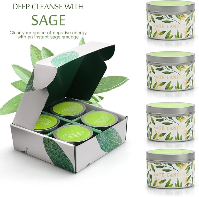 Gisly 4 Pack Sage Candles for Cleansing House Energy, Pure White Sage Candle Housewarming Gifts, 120 Hour Long Lasting Natural Soy Wax Aromatherapy Candles, Scented Candle Gift Set for Women