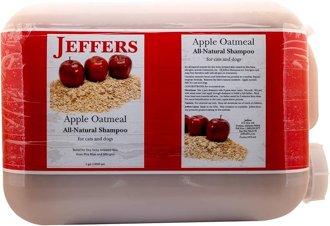 Jeffers Pet Apple Oatmeal Shampoo for Dogs & Cats, Gentle Coconut Based Formula w/Colloidal Oat Protein, Soap Free, Deodorizing Apple Scent, Sensitive Skin, Puppies Kittens Grooming Care - 640 oz