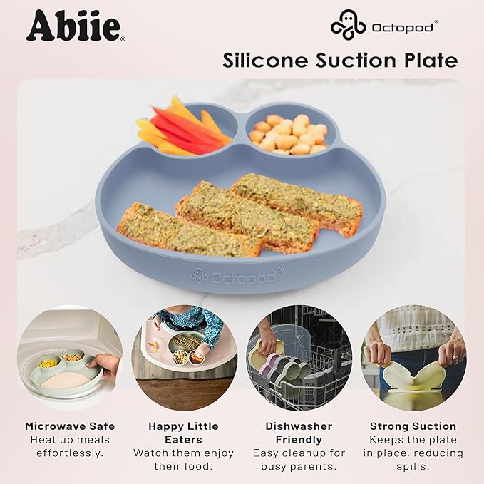 Abiie Octopod Frog Silicone Plates with Suction - Spill Proof, Easy to Clean - BPA-Free Bowl - Suction Plates for Baby and Toddler - Training & Feeding Divided Grip Dish (Baby Blue)