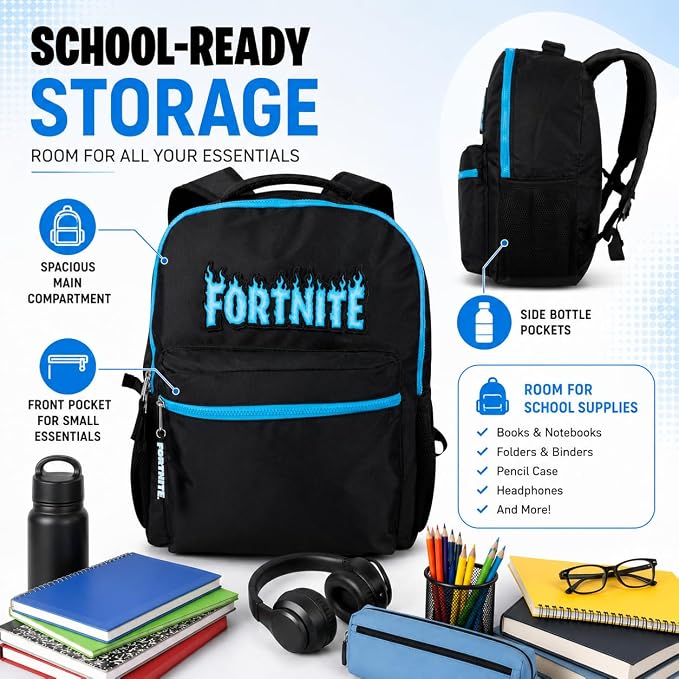 Fortnite Backpack for Kids & Adults, 16” Bookbag with Fortnite Rubber Molded Flame Logo 3D Patch & Rubber Logo Dangle, Black
