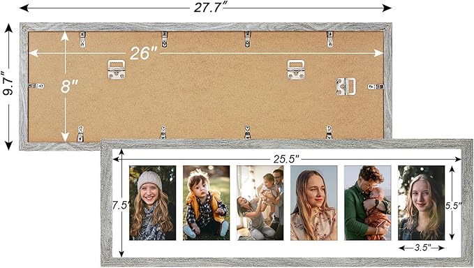 8x26 Collage frame with 6 Openings 4X6 Pictures, Multiple Picture Frame with Mat, Wall or Tabletop Decor, Grey Wood Grain,2 Pack