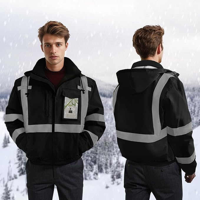 High Visibility Work Jackets, Safety Jacket with Pockets for Men& Women, Construction Coats for Cold Weather, Waterproof High Vis Rain Gear, Class 3, Black Standard, 5XL