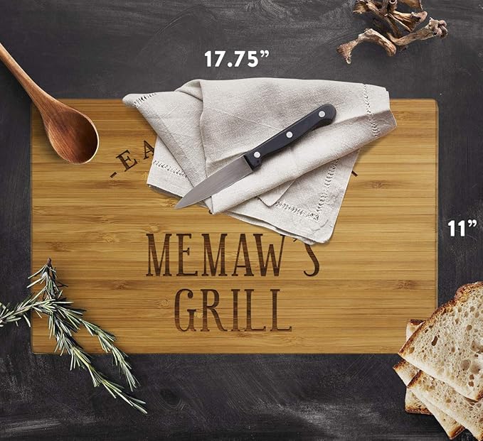 Andaz Press Large Bamboo Wood BBQ Cutting Board Gift, 17.75 x 11-inch, Memaw's Grill, 1-Pack, Laser Engraved Serving Chopping Board Christmas Birthday Chef Kitchen Ideas