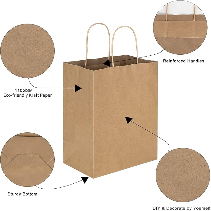 Toovip 90 Pack Plain Brown Kraft Paper Bags with Handles Bulk, Multiple 3 Assorted Sizes Gift Bags for Favors Grocery Retail Party Birthday Shopping Business Goody Craft Merchandise Take Out Sacks