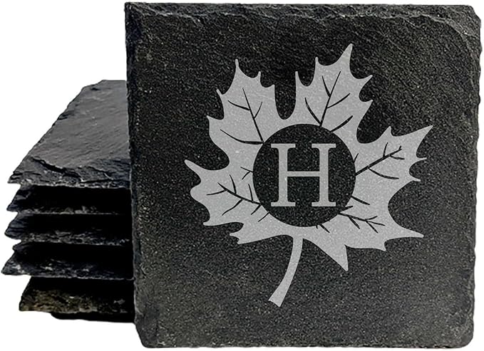Personalized Monogram Family Coasters, Natural Stone Set, Birthday, Wedding, Customized, Rustic - Square Slate - Set of 4