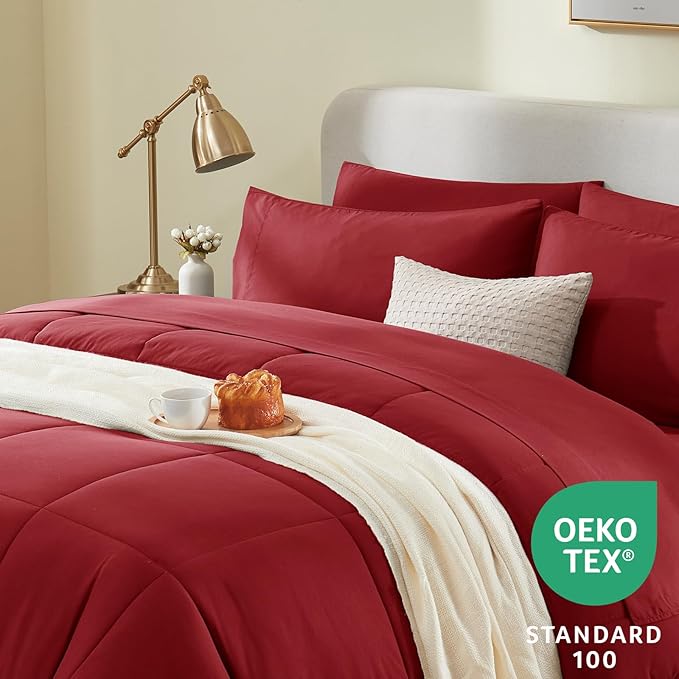 CozyLux King Size Comforter Set Dark Red, 7 Pieces Bed in a Bag, Red Comforter King Size, All Season Bedding Sets with Stitch Quilted Comforter, Flat Sheet, Fitted Sheet, Pillowcases
