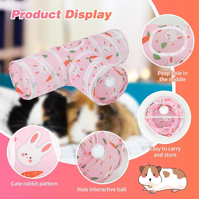 Rypet Guinea Pig Tunnel Hideout 3-Way Collapsible Pet Tubes, Carrot Pink | 3 Way Design for Exploration, Collapsible for Easy Storage, Built-in Play Ball, Hiding & Resting for Hamsters Ferrets