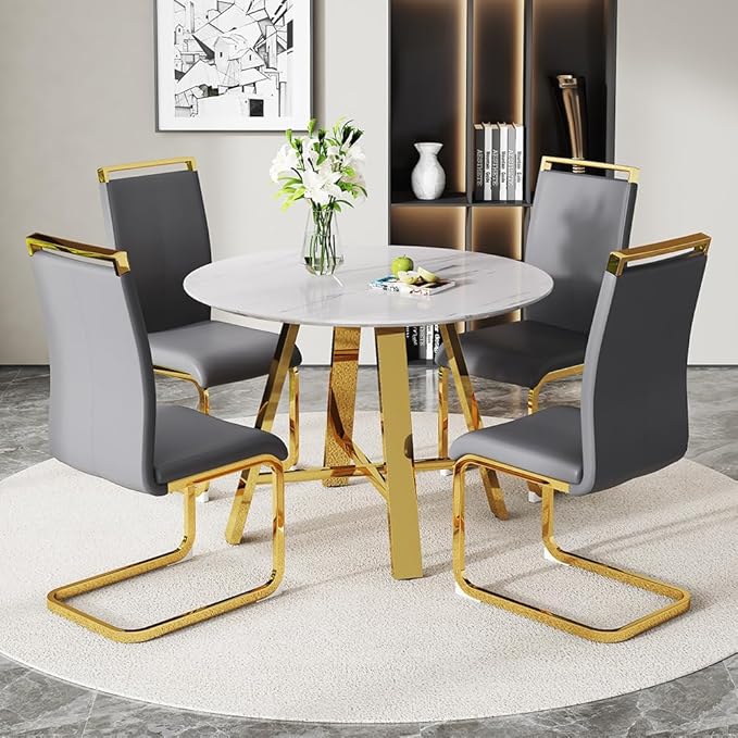 Modern Marble Round Dining Table & Upholstered High Back PU Leather Chairs - 42" Faux Marble Dining Room Set for Kitchen, Office, Cafe & Small Spaces