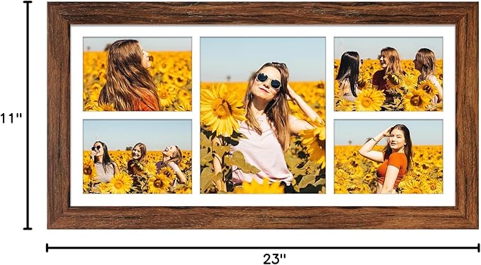 11x23 Picture Frame Display 5 opening 5x7 and 8x10 Picture Frame Collage,Multi Photo Frame with Mat,Plexiglass,Horizontal and Vertical Formats for Wall Decor,Carbonized Brown Wood Grain