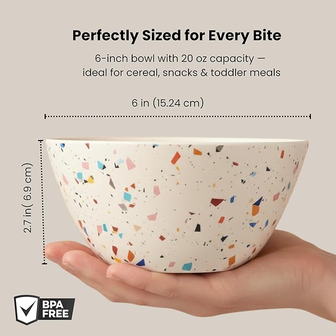 Bamboo Bowl Set of 4 – 6 Inch 20 oz Durable Deep Cereal and Snack Dishware for Kids and Toddlers – BPA Free, Dishwasher Safe, Lightweight Alternative to Plastic or Ceramic (Confetti Design)