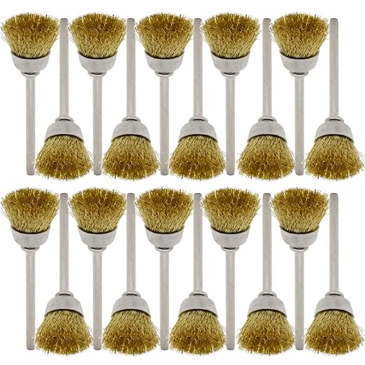 20PCS Brass Wire Brushes - Metal Rust Removal, Cleaning, and Polishing - 15mm Diameter, 1/8″ (3mm) Shaft - Removes Burrs, Dust, and Oxide Layer - Handles Rough Surfaces - Rotary Tool Accessories