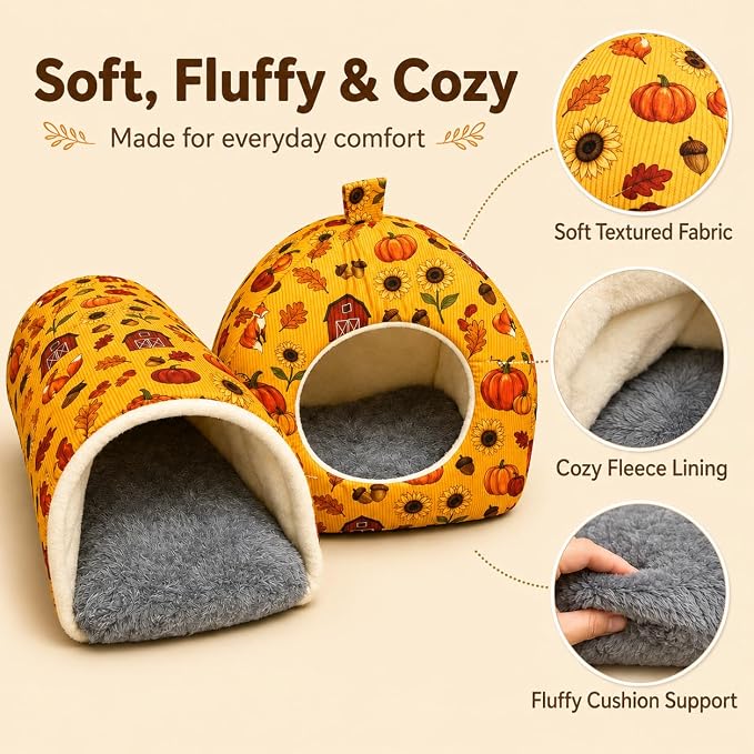 Hamster Hideout Tunnel Set, 2 Pack Washable Small Animal Bed with Removable Cushion, Cozy Play Tunnel Cage Accessories for Hamsters, Hedgehogs, Mice, Rats, Gerbils, Orange Pumpkin