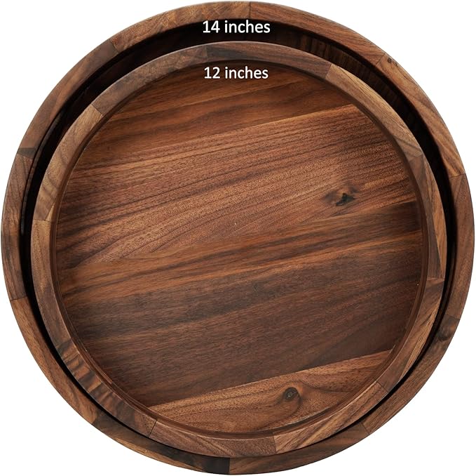 Set of 2 Large Round Black Walnut Wood Ottoman Tray with Handles, Serve Tea, Coffee, Classic Wooden Circular Decorative Serving Tray, 14 &12 inches