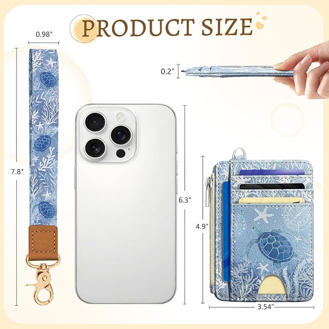 Kelvoris Credit Card Holder Small Wallet Women, Slim RFID, Turtle | Keychain, Zipper Coin Pocket, Front Pocket Thin Travel Card Case, Minimalist, 6 Card Slots, 1 ID Window, Ladies Gifts Woman