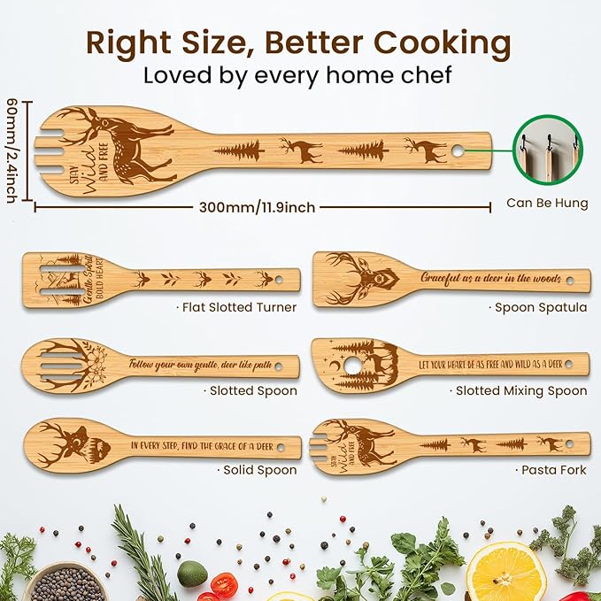 CUTHOLLOW 6PCS Deer Wooden Kitchen Cooking Utensil Set, 11.9in Non Toxic Bamboo Wood Spoon Set for Cooking, Best Housewarming Birthday Thanksgiving Christmas Gift for Women Mother