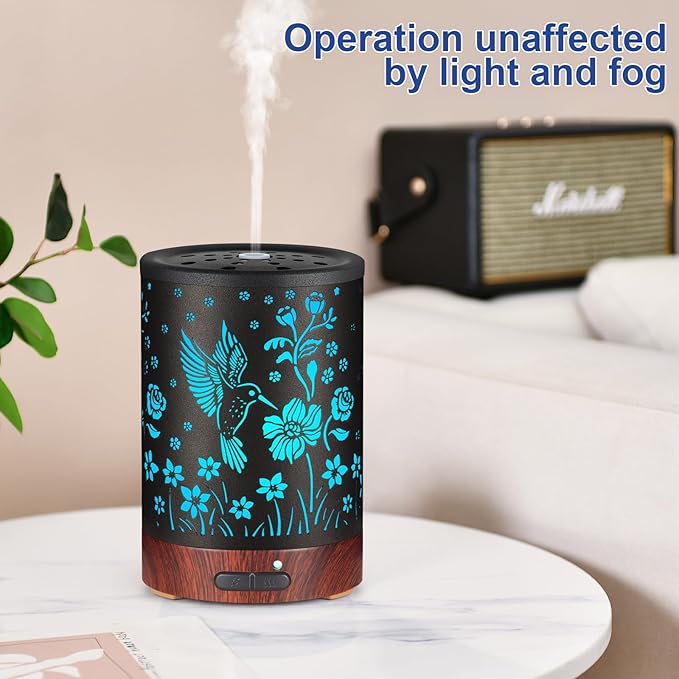 Essential Oil Diffuser- Metal Cool Mist Humidifier-Aromatherapy Diffuser with7 Colors Light, and Auto-Off - for Home and Office（Hummingbird）……