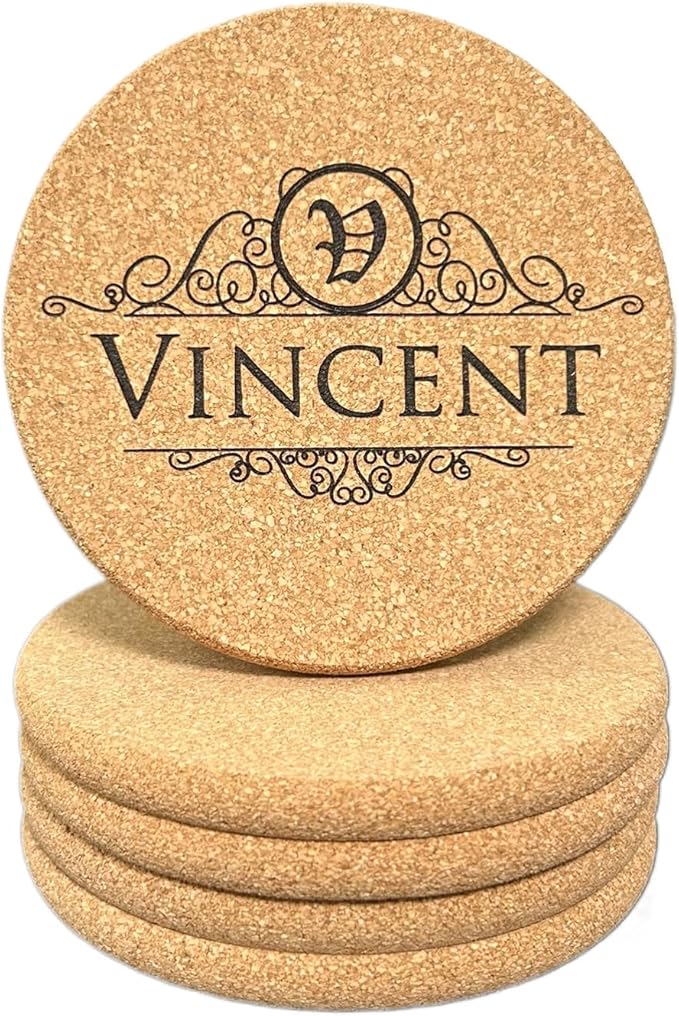 Set of 5 Personalized Custom Monogram Cork Coasters, Custom Wedding, Housewarming Gifts, Promotional Giveaways (Design #1)