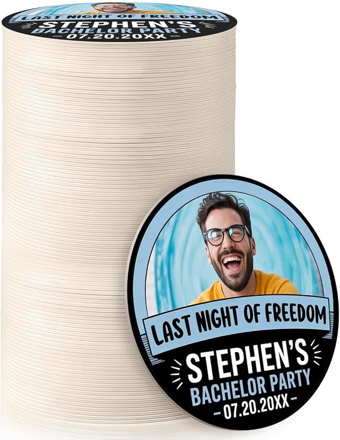 100 Pack Personalized Bachelor Party Coasters, Custom Cardboard Drink Coasters with Photo Print and Text, Fun Bachelor Party Favors and Gifts, 3.95" Round, Design 3