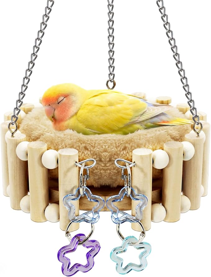 Wooden Bird Sleep Nest, Open Hammock with Toys for Small Birds | Kiln-Dried Wood Cage Bed with Detachable Cotton Pad, All-Season Comfort for Small Sized Birds Budgies Lovebirds Finch Canary