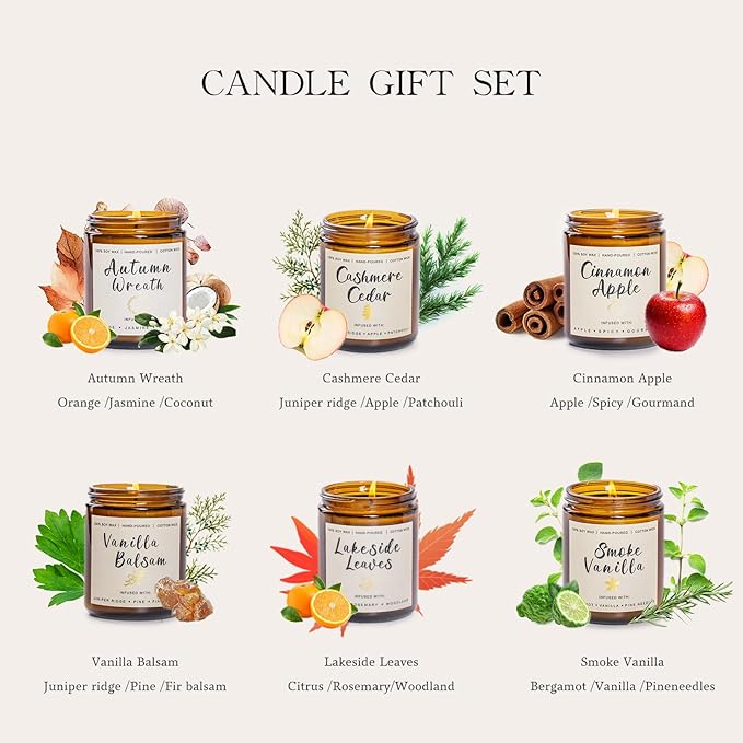Fall and Winter Candle Gift Set for Women – 6 Pack 300H Total Burn Soy Candles, Christmas Gifts, Luxury Home Décor, Long Lasting Vanilla Balsam, Cashmere Cedar, Cinnamon Apple, Smoke Vanilla Scents