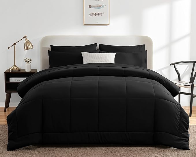 CozyLux Twin Comforter Set with Sheets Black, 5 Pieces Bed in a Bag, Black Comforter Twin Size, All Season Bedding Set with Stitch Quilted Comforter, Flat Sheet, Fitted Sheet, Pillowcases