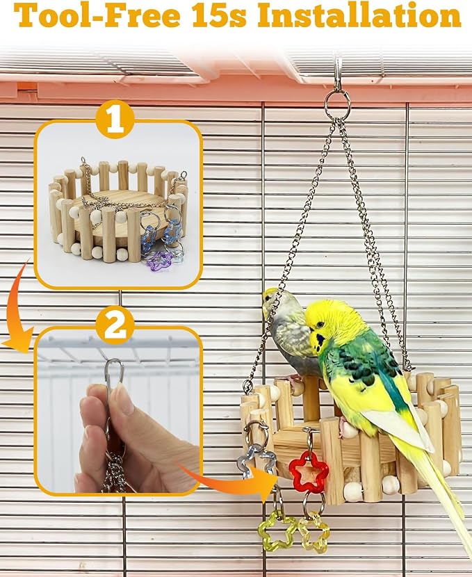 Wooden Bird Sleep Nest, Open Hammock with Toys for Small Birds | Kiln-Dried Wood Cage Bed with Detachable Cotton Pad, All-Season Comfort for Small Sized Birds Budgies Lovebirds Finch Canary