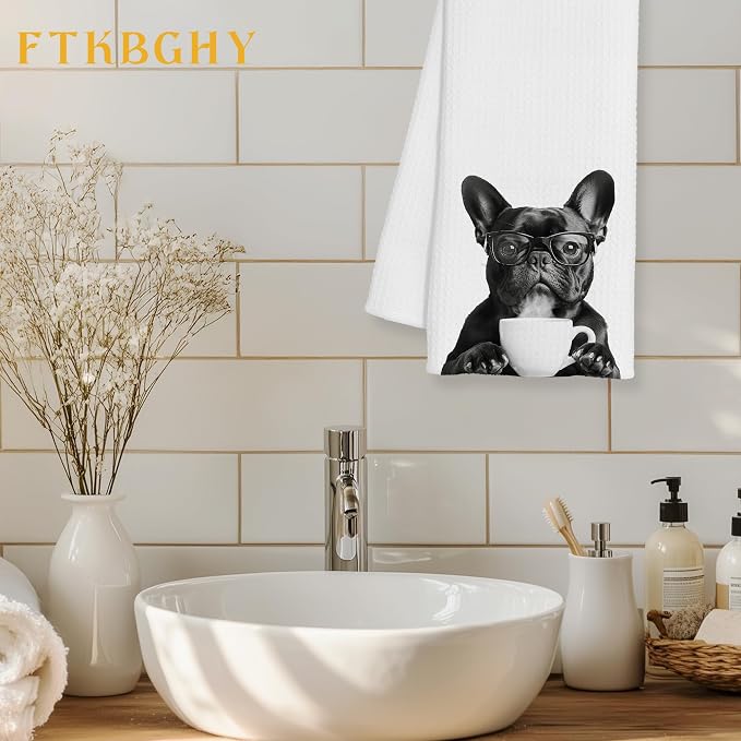 Funny French Bulldog Coffee Kitchen Towels, Frenchie Gifts for Women, Gifts for French Bulldog Lovers Decorative Dish Hand Tea Towels for Kitchen Coffee Bar Decor, 16x24 Inch