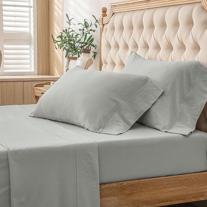 PURE ERA Jersey Knit 4pc Bed Sheet Set 100% T-Shirt Cotton Super Soft Comfy Breathable Fits Mattress Up to 20" Extra Deep Pocket (Solid Light Grey, King)