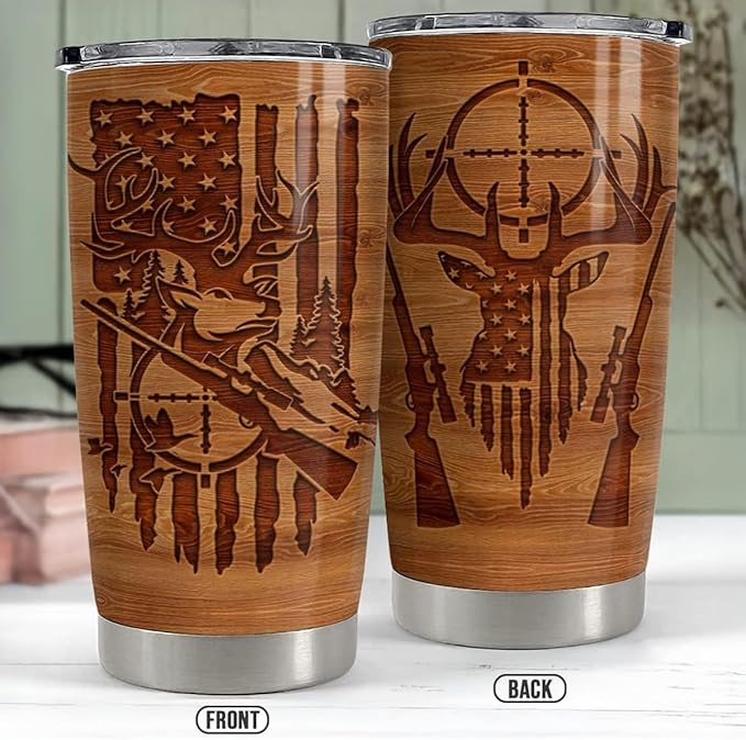 SANDJEST Hunting Tumbler Wood Style American Flag 20oz Tumblers with Lid Gift for Men Dad Best Friends Hunting Lovers Christmas Birthday Fathers Day