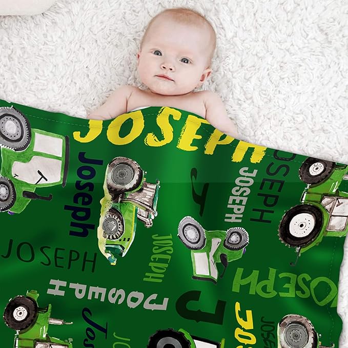 Personalized Tractors Blanket - Custom Name with Farm Tractor Trucks Design - Soft Plush Flannel Bed Blanket for Baby Kid Teen Boys Girls Customized Gifts Green