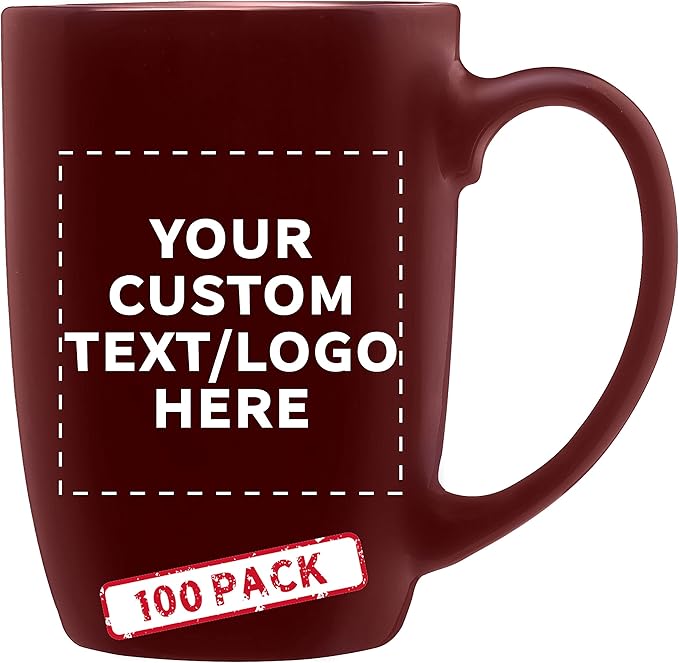 DISCOUNT PROMOS 100 Large Mocha Glossy Ceramic Coffee Mugs Set, 16 oz. - Customizable Text, Logo - Stoneware, Smooth, Durable, C-handle - Maroon
