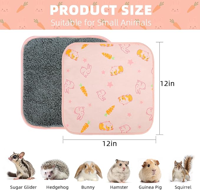 Homimp 4 Pack Guinea Pig Cage Liners, Washable Small Animal Bedding, Waterproof Reusable & Anti Slip Guinea Pig Pee Pad Fast and Super Absorbent Mat for Small Animal Rabbit Bunny Hamster, Pink 12"x12"