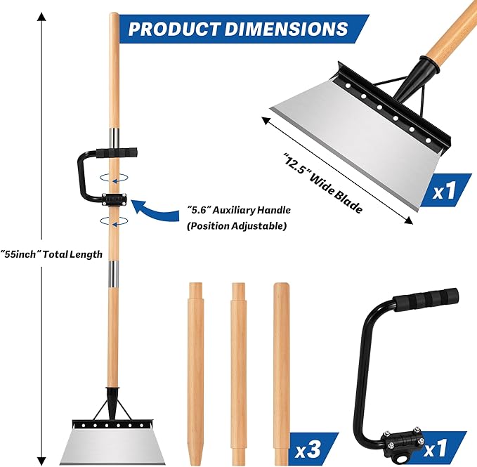 Iron Weeding Rake with 47.24" Long Handle, 9.25" Widened Garden Flat Shovel Ergonomic Auxiliary Handle for Weeding, Lawn Edging, Snow Removal, Ice Scraping-Tool-Free Assembly&Storage
