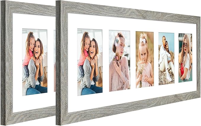 8x24 Collage frame with 5 Openings 4X6 Pictures, Multiple Picture Frame with Mat, Wall or Tabletop Decor, Grey Wood Grain,2 Pack