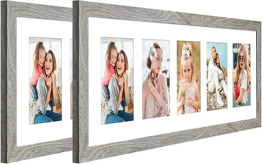 8x24 Collage frame with 5 Openings 4X6 Pictures, Multiple Picture Frame with Mat, Wall or Tabletop Decor, Grey Wood Grain,2 Pack