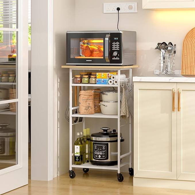 ThreeHio Rolling Kitchen Microwave Cart, 4 Tier Microwave Table Stand with Storage, Kitchen Storage Rack on Wheels, Coffee Station Cart Rack Shelf Organizer for Living Room Office, Balcony