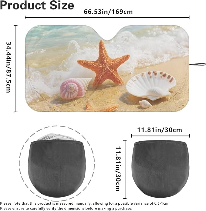 Beach Seashell Windshield Sun Shade Foldable Car Front Window Sunshade with Storage Bag Universal for Car Truck SUV Reflective Sun Visor Protect Car from Sun Rays & Heat Damage