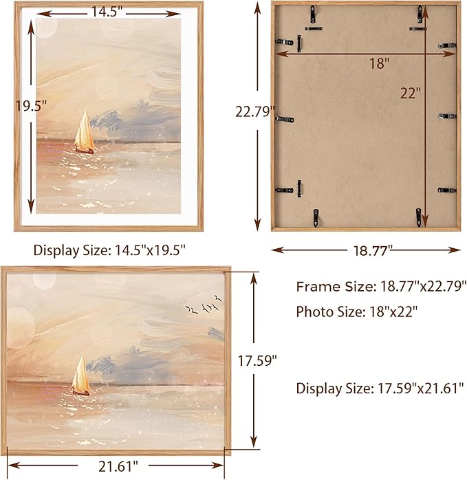 18x22 Picture Frame, Solid Oak Wood for Wall, Poster Frame With Real Glass, Matted for 15x20, Home Decor (Natural Oak Color, 1 Pack)