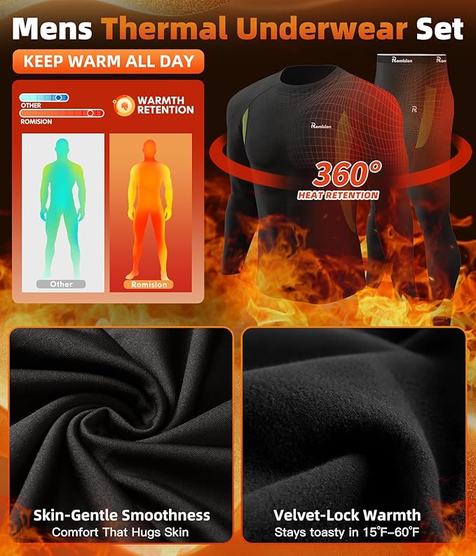 romision 2 Pack Thermal Underwear for Men Long Johns Fleece Lined Hunting Gear Bottom Top Set Base Layer Cold Weather XS-4XL