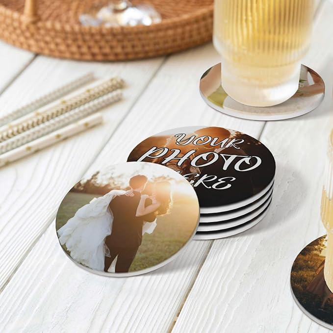 Custom Coasters, Personalized Ceramic Coasters with Photo Logo Text, Customized Cup Mat for Weddings, Bars, Coffee Table, Homes, Offices 4PCS