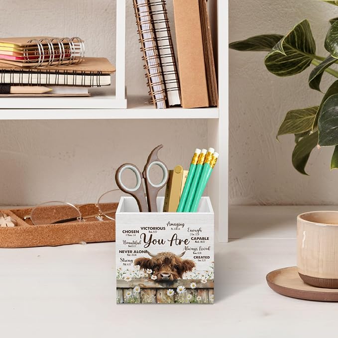 DILSJ Christian Highland Cow 1 Compartment Pen Pencil Holder for Desk,Christian Gifts, Bible Verse Highland Cow Inspirational Wooden Box Signs Organizer for Home Office Desk Tabletop Decoration