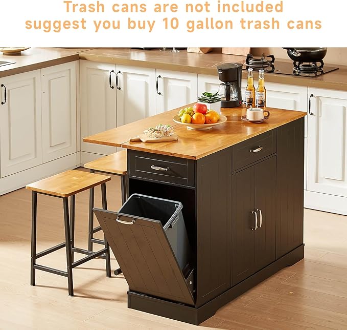 ONBRILL Stationary Kitchen Islands Include 2 Chairs, 47" Kitchen Island with Drop Leaf, Home Bar Table with Spice Rack & with Trash Cabinet, Island Table for Dining Room with Power Outlet, Black