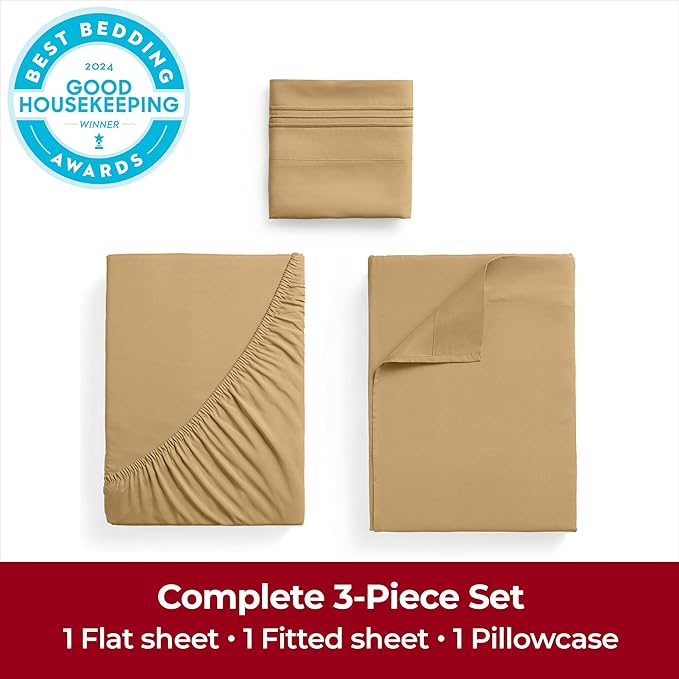 Mellanni Twin Sheets Set - 3 PC Iconic Collection Bedding - Hotel Luxury, Extra Soft, Cooling Bed Sheets - Wrinkle, Fade, Stain Resistant (Twin, Gold)