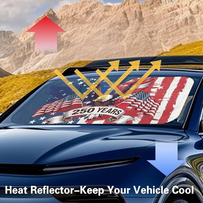 250 Years Windshield Sun Shade for Front Window American Flag Eagle Foldable Universal Auto Sun Shade UV Rays & Heat Protection Sun Visor Protector Accessories for Cars Truck SUV