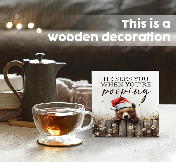 Christmas Bear Home Bathroom Decor Sign - Farmhouse Western Christmas Animal Bathroom Decor,Rustic Farm Animal He Sees You When You're Pooping Signs,Bear Gifts for Women