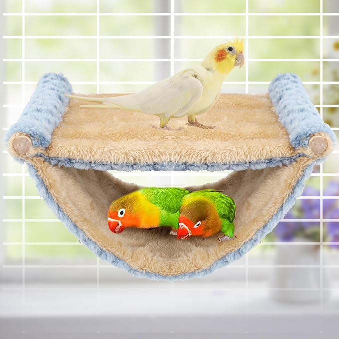 BWOGUE Bird Nest Bed Hanging Hammock, Parakeet Bed for Cage, Cockatiel Bed | Warm Fleece Snuggle Hut, Double-Layer Comfort, Wooden Perch Setup, Washable Hammock
