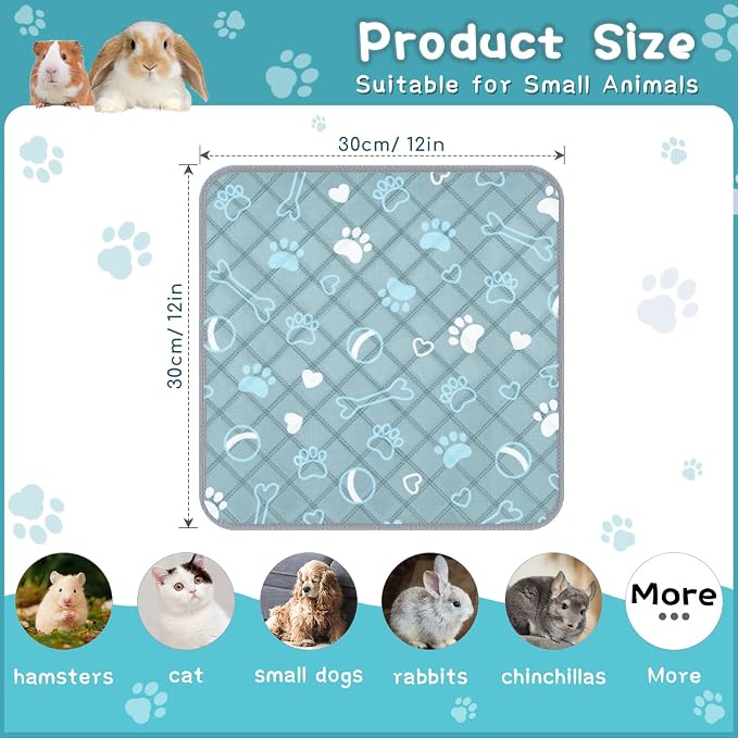 6 Packs Washable Guinea Pig Cage Liners with with Paw Print, Waterproof Guinea Pig Pee Pads Reusable Absorbent Bedding Anti Slip Mats for Small Animals Bunny Rabbit Hamster (Blue, 12 x 12in)